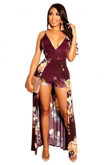 Women Floral Printed Jumpsuit V Neck Spaghetti Straps Summer Beach Casual Backless Rompers wine red