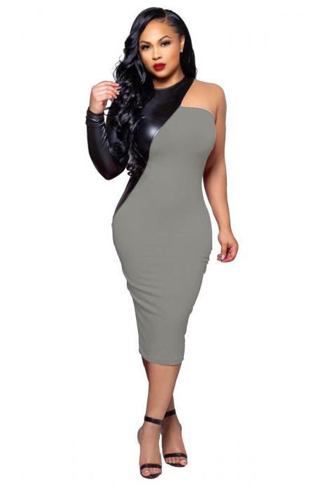  Women Pencil Dress PU Leather Patchwork One Shoulder Long Sleeve Bodycon Midi Club Party Dress gray