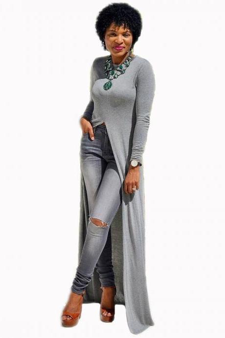 Women Long Sleeve Maxi Dress Front High Split Floor-Length Casual Pullover Tops gray