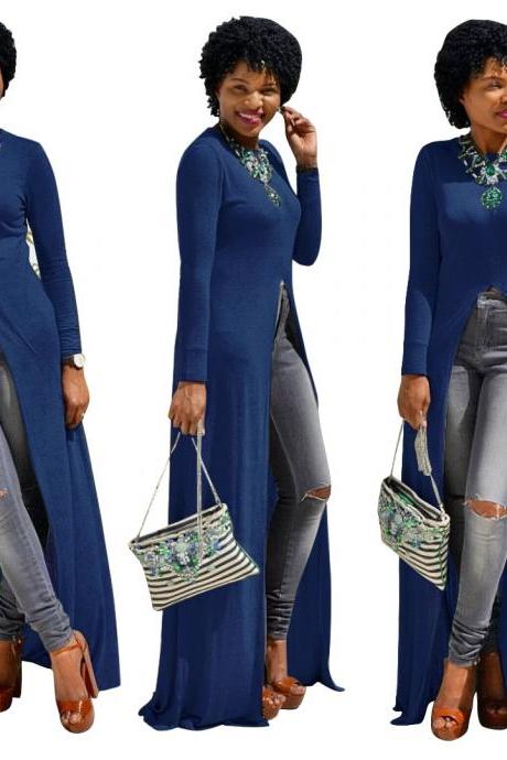  Women Long Sleeve Maxi Dress Front High Split Floor-Length Casual Pullover Tops royal blue
