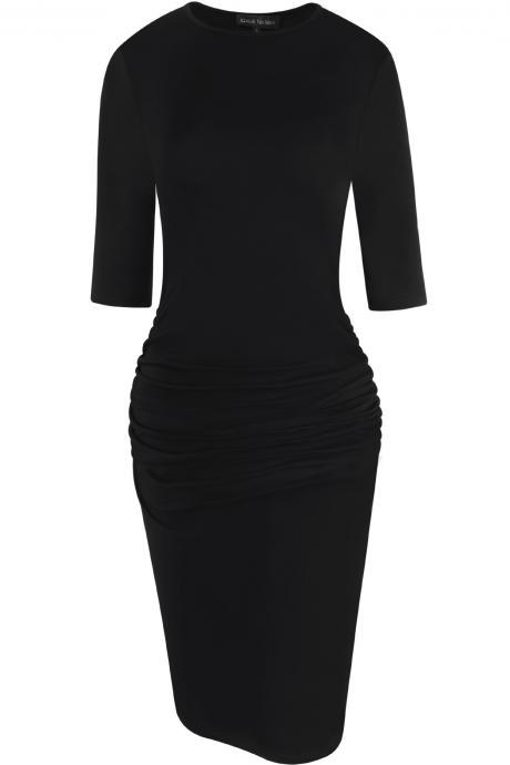  Women Pencil Dress Half Sleeve Casual Pleated Slim Bodycon Work Office Party Dress black