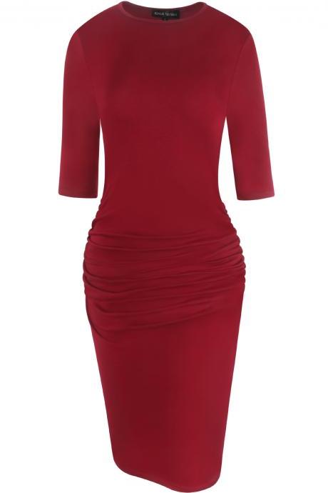 Women Pencil Dress Half Sleeve Casual Pleated Slim Bodycon Work Office Party Dress red