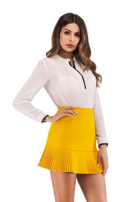  Women Mini Pleated Skirt Summer High Waist Slim Students Package Hip Pencil Skirt yellow