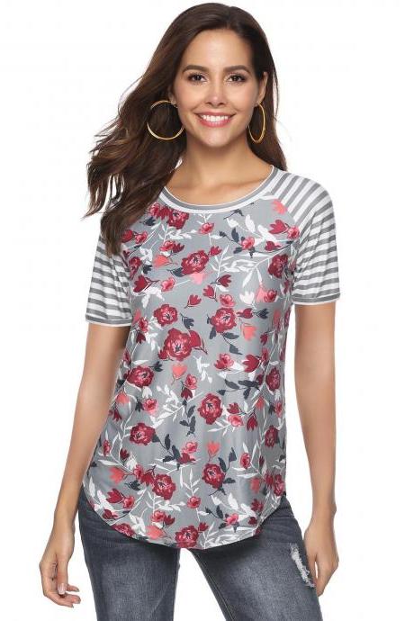 Women Short Sleeve T Shirt Floral Printed Striped Patchwork Summer Beach Casual Slim Tops gray