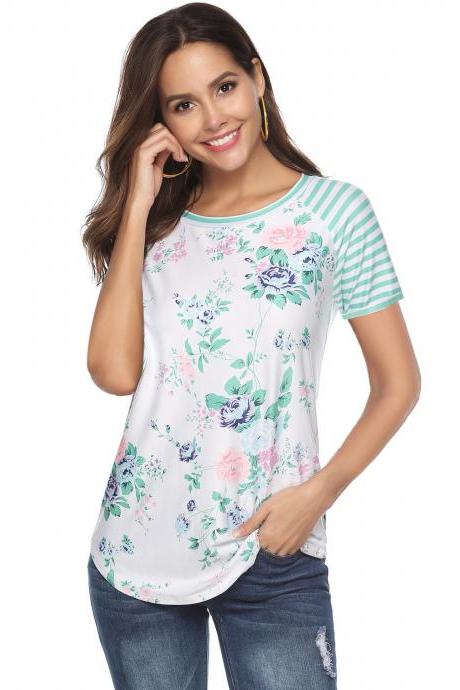 Women Short Sleeve T Shirt Floral Printed Striped Patchwork Summer Beach Casual Slim Tops green