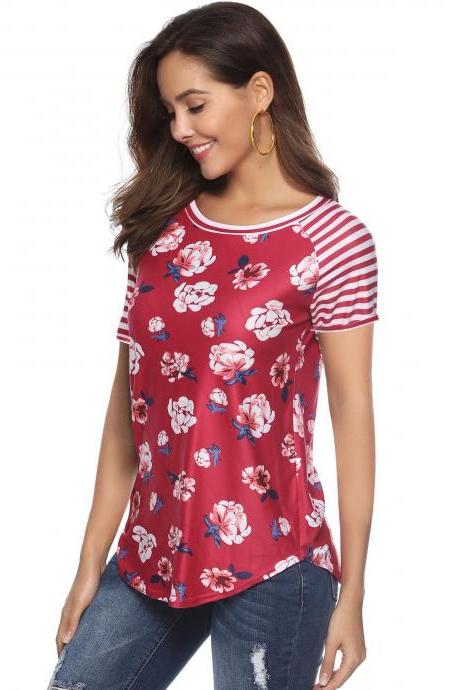Women Short Sleeve T Shirt Floral Printed Striped Patchwork Summer Beach Casual Slim Tops red