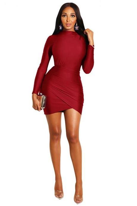 Women Pencil Dress Casual Pleated Long Sleeve Slim Bodycon Mini Night Club Evening Party Dress red