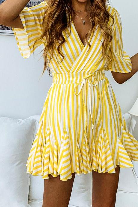Women Striped Dress V Neck Short Sleeve Ruffles Casual Summer Beach Mini Party Dress yellow