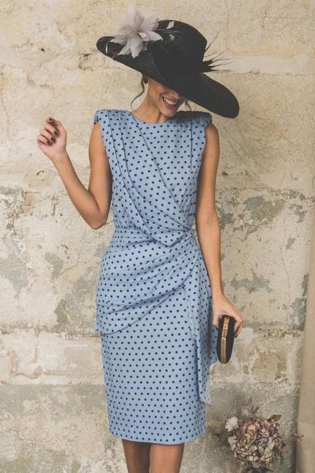Women Polka Dot Dress Pleated Wrap Sleeveless Slim Bodycon Pencil Party Dress light blue