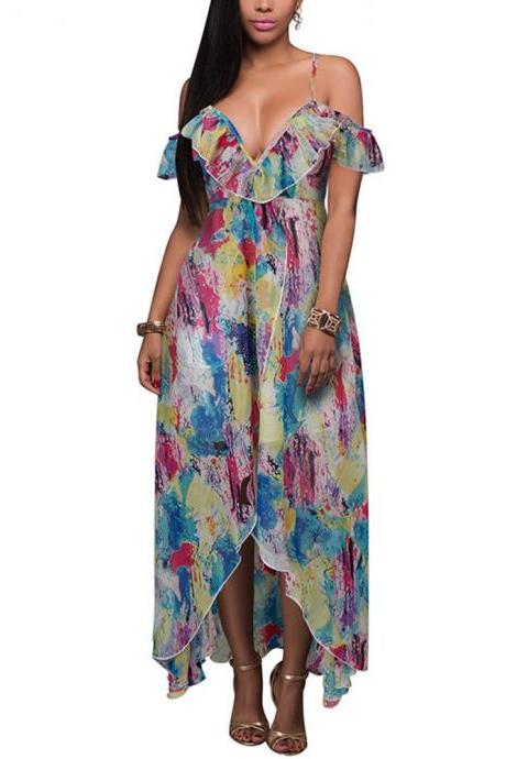  Women Asymmetrical Dress Floral Printed Spaghetti Straps Summer Beach Boho High Low Sundress1#