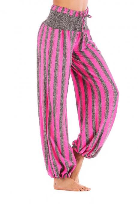 Women Lantern Pants Drawstring High Waist Striped Casual Loose Fitness Sport Yoga Long Harem Trousers deep pink