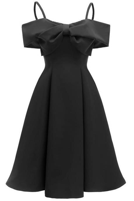 Women Casual Dress Summer Spaghetti Strap Sleeveless Bow Vintage Satin A Line Formal Party Dress black
