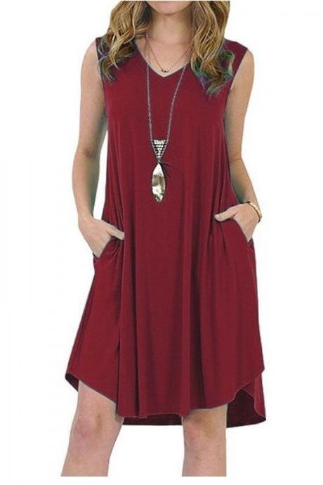 Women Casual Dress V-Neck Sleeveless Pocket Streetwear Summer Plus Size Beach Mini Sundress wine red