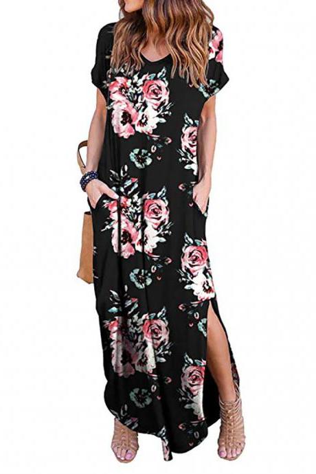 Women Maxi Dress Floral Printed Short Sleeve Casual Asymmetrical Boho Summer Beach Split Long Dress 3#