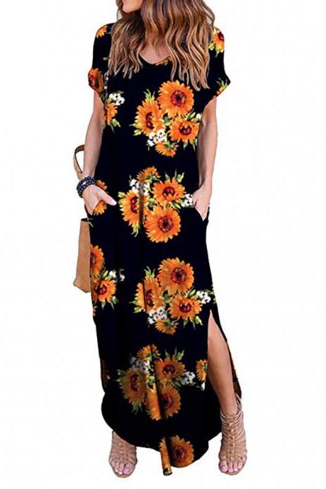 Women Maxi Dress Floral Printed Short Sleeve Casual Asymmetrical Boho Summer Beach Split Long Dress 6#