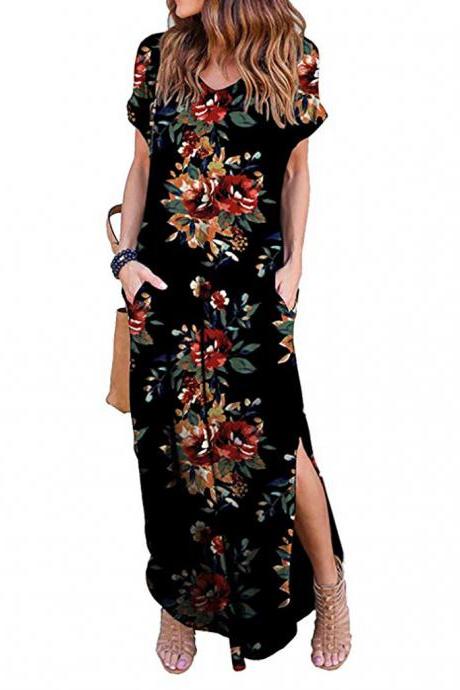  Women Maxi Dress Floral Printed Short Sleeve Casual Asymmetrical Boho Summer Beach Split Long Dress 7#