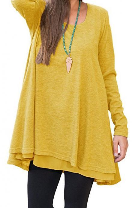 Women Long Sleeve Dress Autumn Spring O-neck Casual Loose Mini Asymmetrical T-Shirt Dress yellow