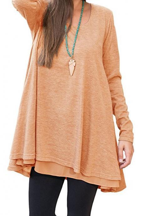 Women Long Sleeve Dress Autumn Spring O-neck Casual Loose Mini Asymmetrical T-Shirt Dress light orange