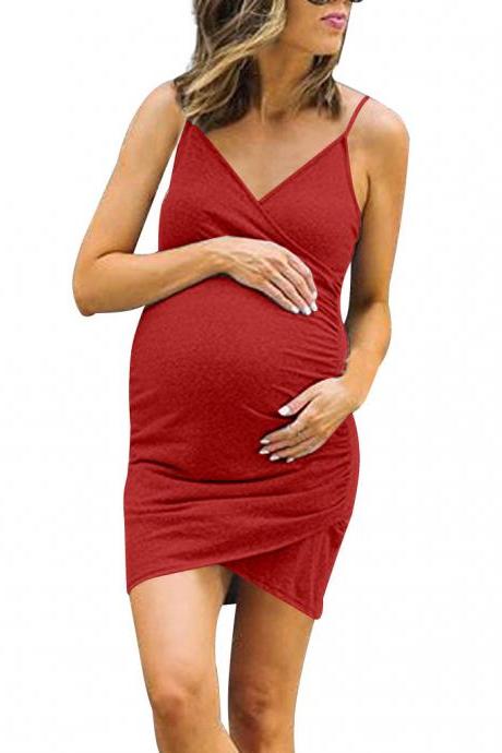 Women Maternity Dress Spaghetti Strap Plus Size Asymmetrical Pregnant Bodycon Mini Mum Dress red