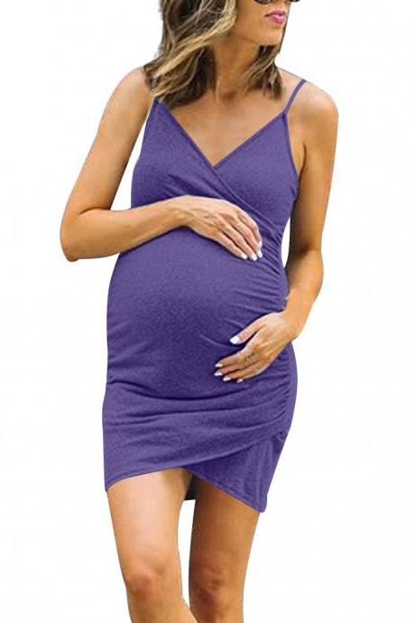 Women Maternity Dress Spaghetti Strap Plus Size Asymmetrical Pregnant Bodycon Mini Mum Dress purple