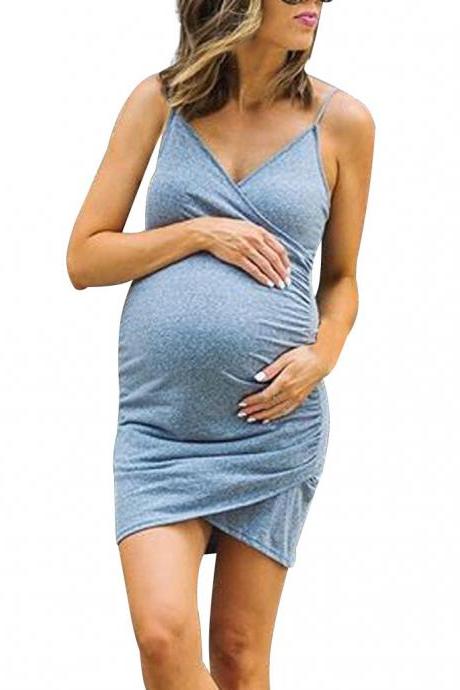 Women Maternity Dress Spaghetti Strap Plus Size Asymmetrical Pregnant Bodycon Mini Mum Dress Gray