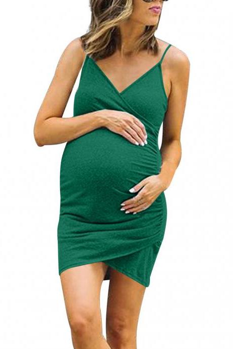 Women Maternity Dress Spaghetti Strap Plus Size Asymmetrical Pregnant Bodycon Mini Mum Dress Green