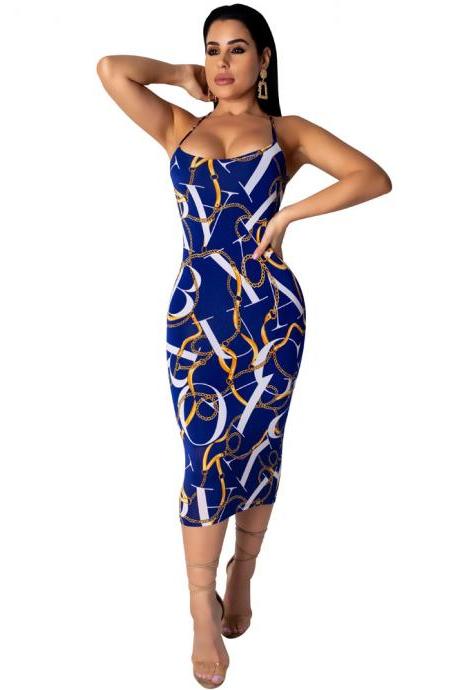 Women Pencil Dress Summer Casual Spaghetti Strap Backless Chain Printed Bodycon Midi Club Party Dress dark blue