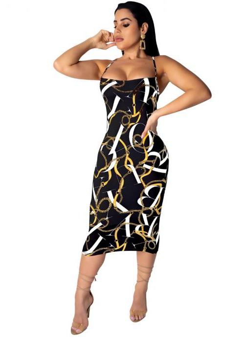 Women Pencil Dress Summer Casual Spaghetti Strap Backless Chain Printed Bodycon Midi Club Party Dress black