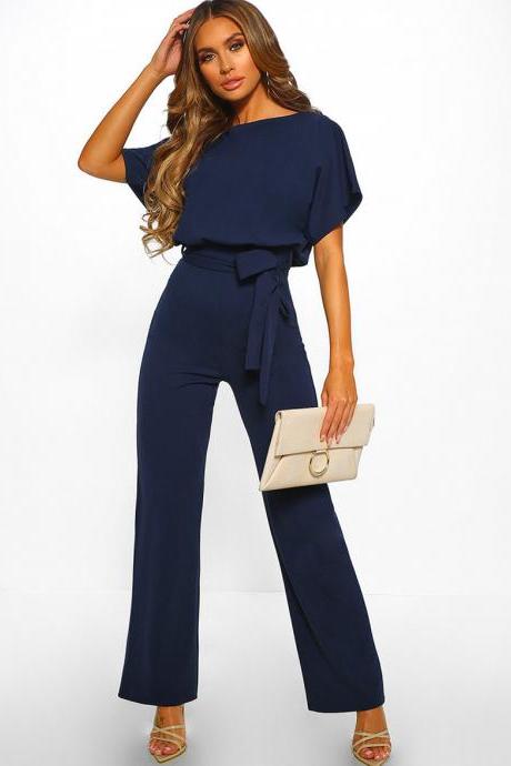Women Jumpsuit Summer Short Sleeve Streetwear Work Casual Loose Romper Bodysuit navy blue