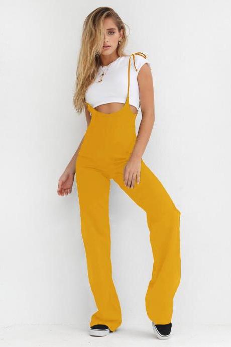 Women Jumpsuit High Waist Bandage Streetwear Casual Loose Long Suspenders Pants Rompers Yellow