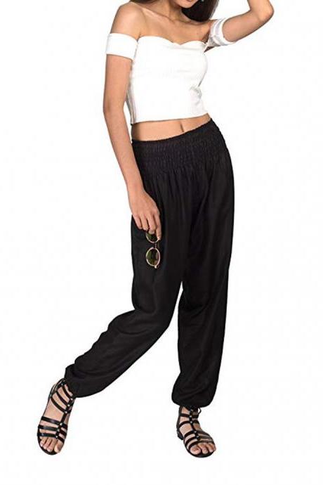 Women Harem Pants Elastic Waist Summer Pockets Plus Size Casual Loose Trousers Black
