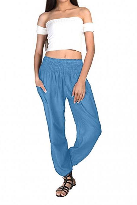 Women Harem Pants Elastic Waist Summer Pockets Plus Size Casual Loose Trousers light blue