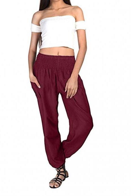 Women Harem Pants Elastic Waist Summer Pockets Plus Size Casual Loose Trousers wine red