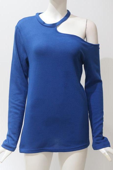 Women Long Sleeve T Shirt One Off Shoulder Solid Casual Slim Tee Tops Royal Blue