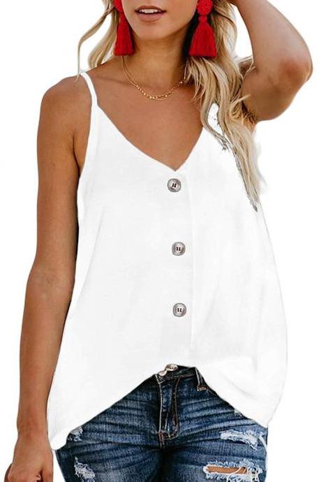  Women Button Tank Top Spaghetti Strap V Neck Summer Causal Loose Sleeveless Vest Tops off white
