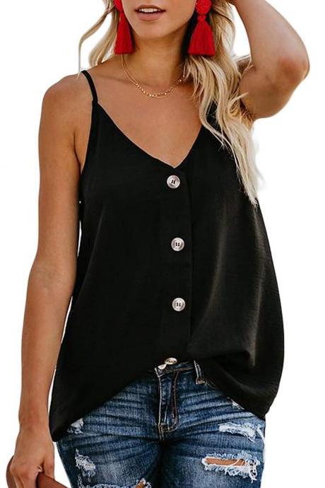Women Button Tank Top Spaghetti Strap V Neck Summer Causal Loose Sleeveless Vest Tops black
