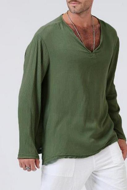 Men Long Sleeve T Shirt Spring Fall V Neck Cotton Linen Casual Loose Pullover Tops army green