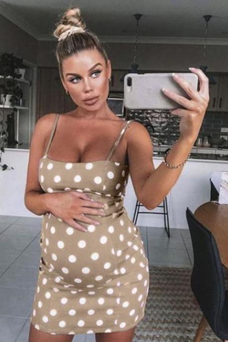 Women Pregnant Dress Maternity Mom Casual Spaghetti Strap Sleeveless Polka Dot Summer Mini Bodycon Sundress Khaki