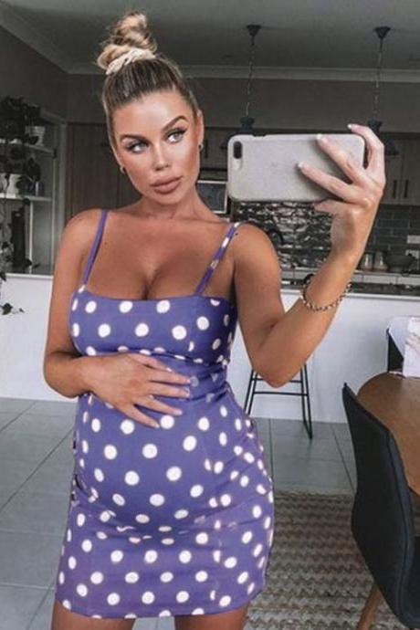  Women Pregnant Dress Maternity Mom Casual Spaghetti Strap Sleeveless Polka Dot Summer Mini Bodycon Sundress lilac