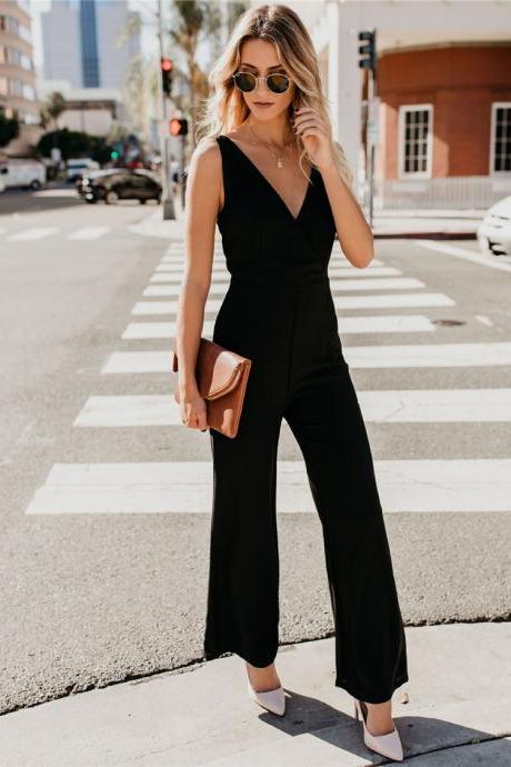 Women Jumpsuit V-neck Backless Sleeveless Casual Loose Wide Leg Long Pants Rompers Black