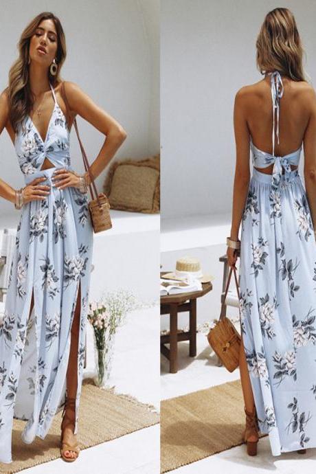Women Floral Printed Maxi Dress Halter Backless Split Summer Boho Beach Long Dress baby blue