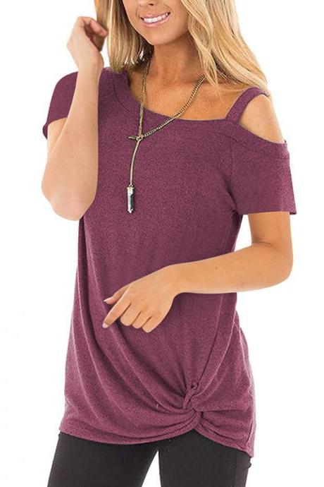 Women T-shirt Summer Short Sleeve Off Shoulder Causal Plus Size Tee Tops Wine Red