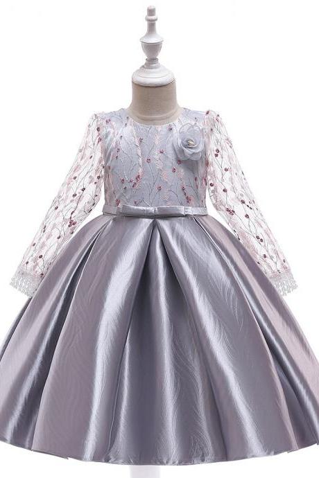  Long Sleeve Flower Girl Dress Embroidery Princess Teens Formal Party Prom Gown Children Clothes gray