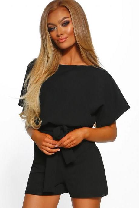  Women Jumpsuit Summer Short Sleeve Belted Casual Shorts Rompers Playsuit black