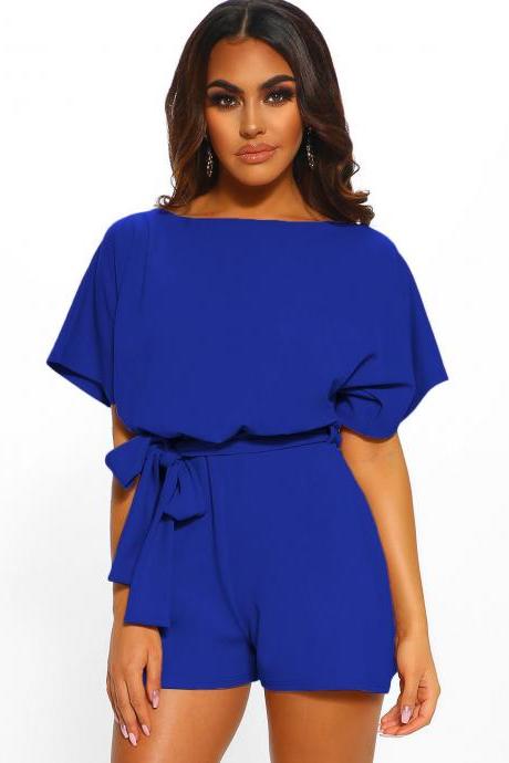 Women Jumpsuit Summer Short Sleeve Belted Casual Shorts Rompers Playsuit royal blue