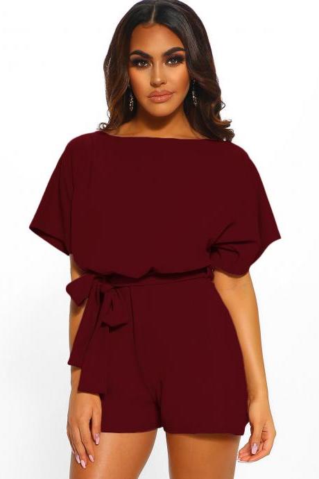 Women Jumpsuit Summer Short Sleeve Belted Casual Shorts Rompers Playsuit wine red