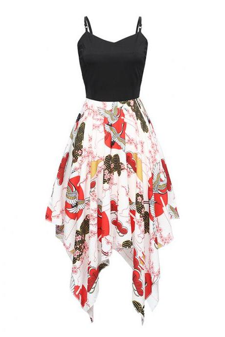  Women Asymmetrical Dress Spaghetti Strap Floral Printed Patchwork Summer Boho Beach Dress 8#