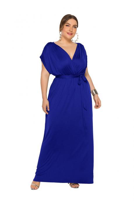  Women Maxi Dress V Neck Short Sleeve Belted Casual Plus Size Long Formal Evening Party Dress royal blue