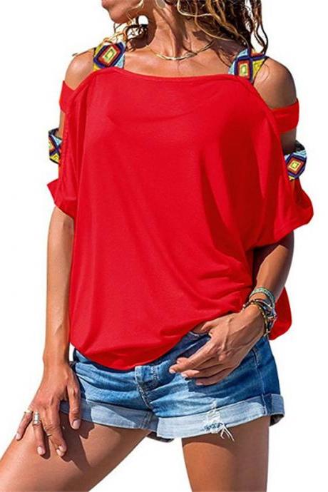  Women Short Sleeve T Shirt Hollow Out Off Shoulder Summer Casual Loose Tee Tops red