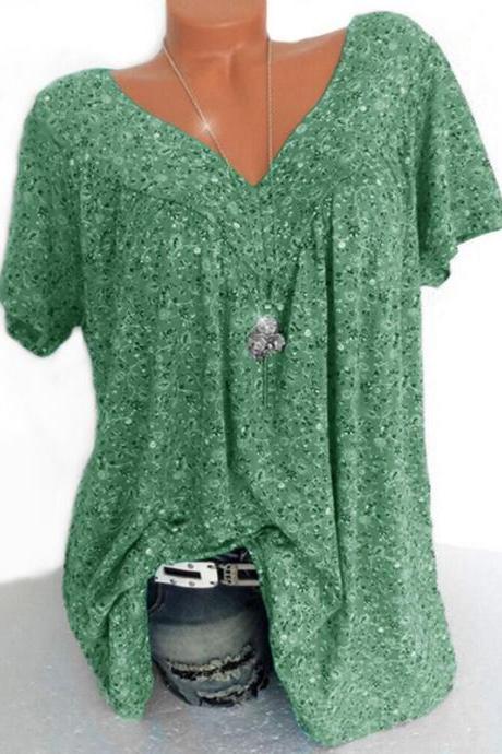Women Floral Printed T Shirt Summer V Neck Short Sleeve Casual Loose Plus Size Tee Tops Green